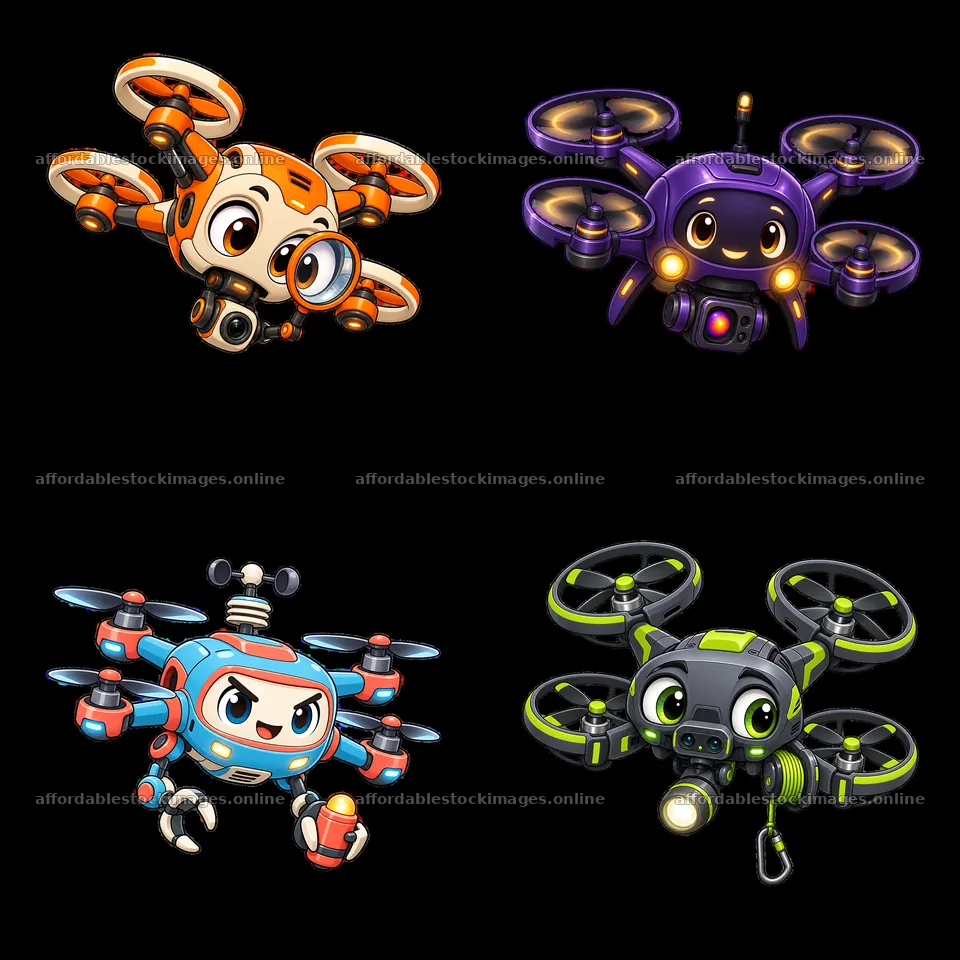 Colorful cartoon drones with distinct features and playful – stock images 7746x7746