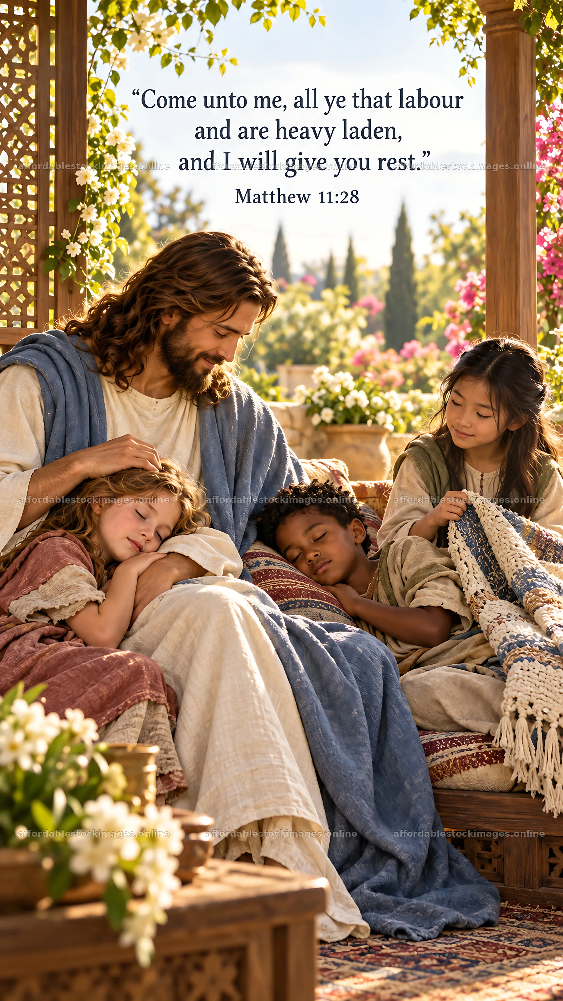 Jesus Christ comforting children in a garden setting – stock images 5811x10326