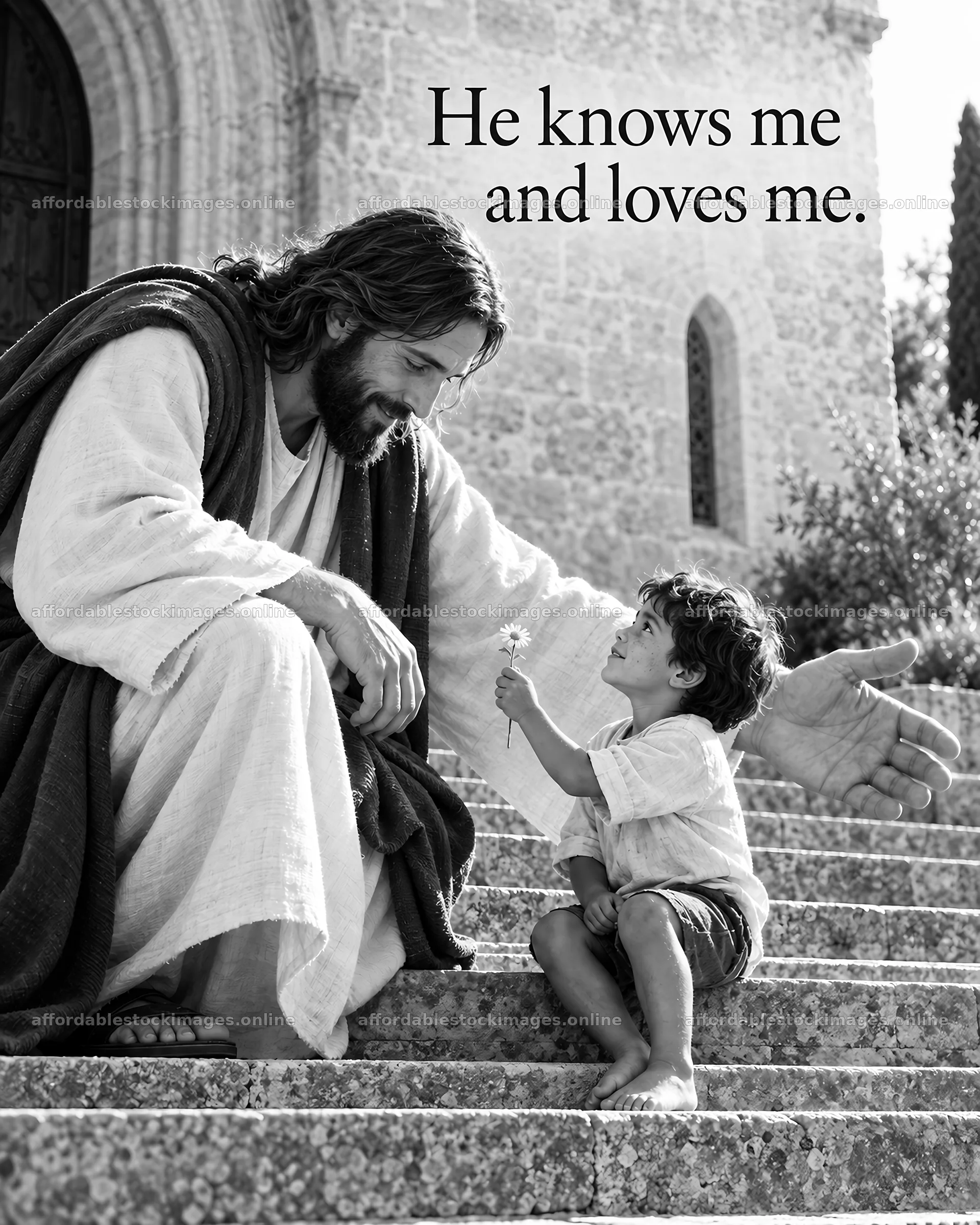 Jesus Christ comforts a child on a stone staircase – stock images 6930x8659
