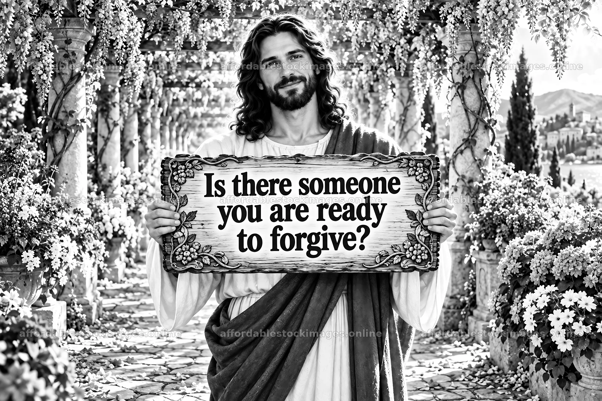 Jesus Christ encouraging forgiveness in a garden setting – stock images 9487x6325