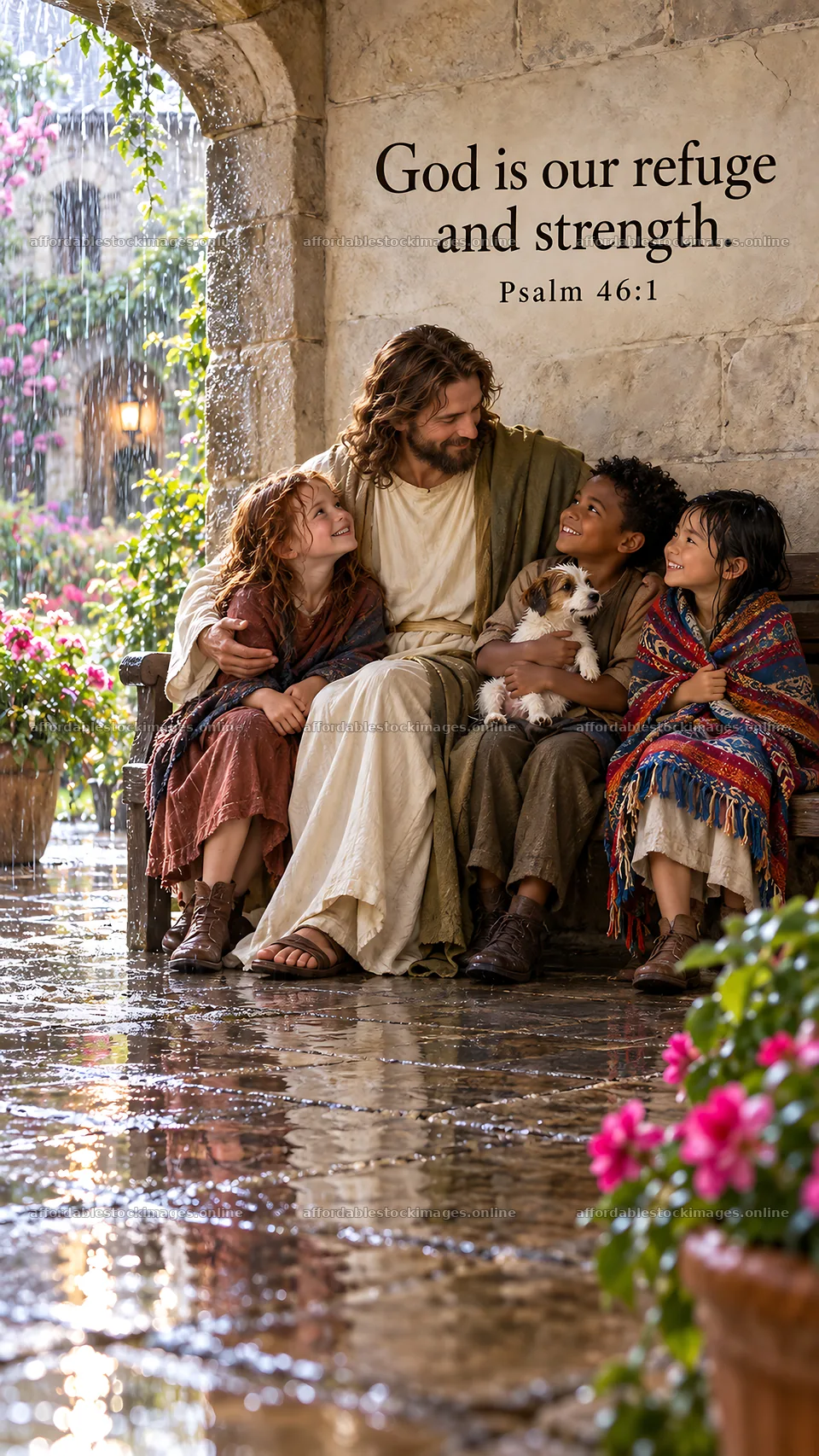Jesus Christ comforting children in a garden setting – stock images 5811x10326