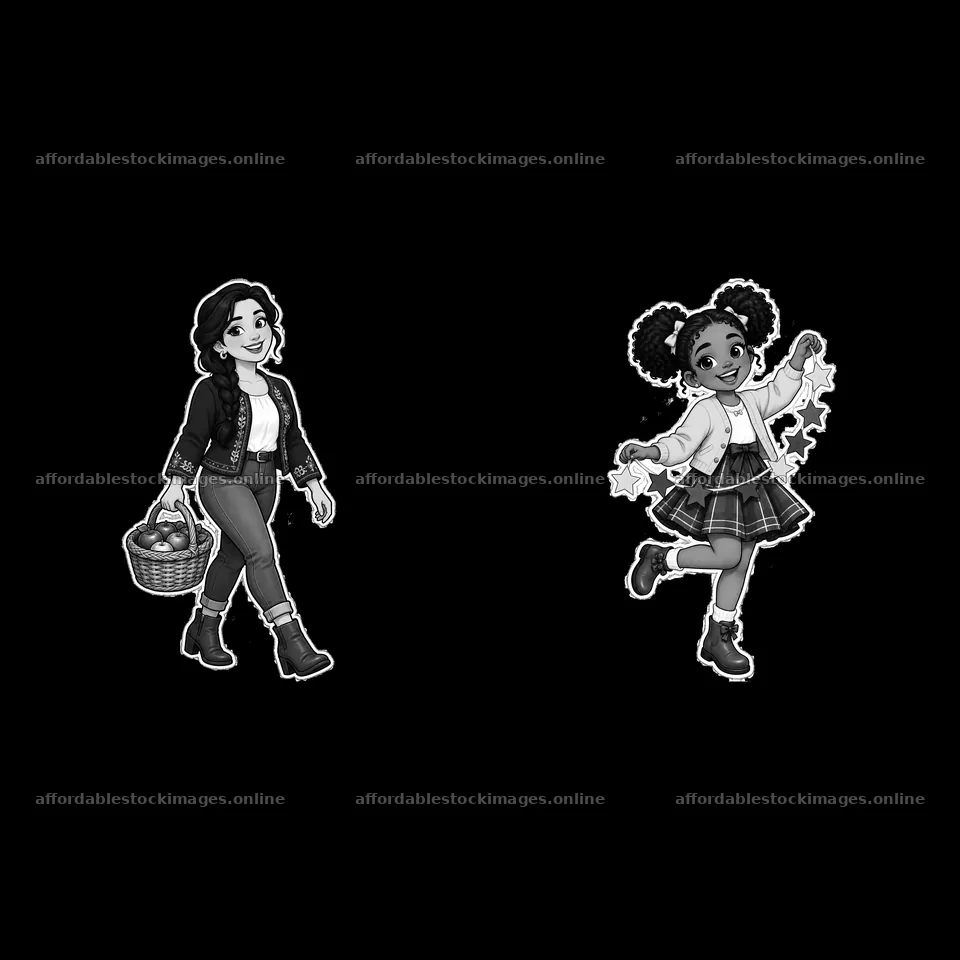 Two girls carrying accessories in a cartoon illustration – stock images 7746x7746
