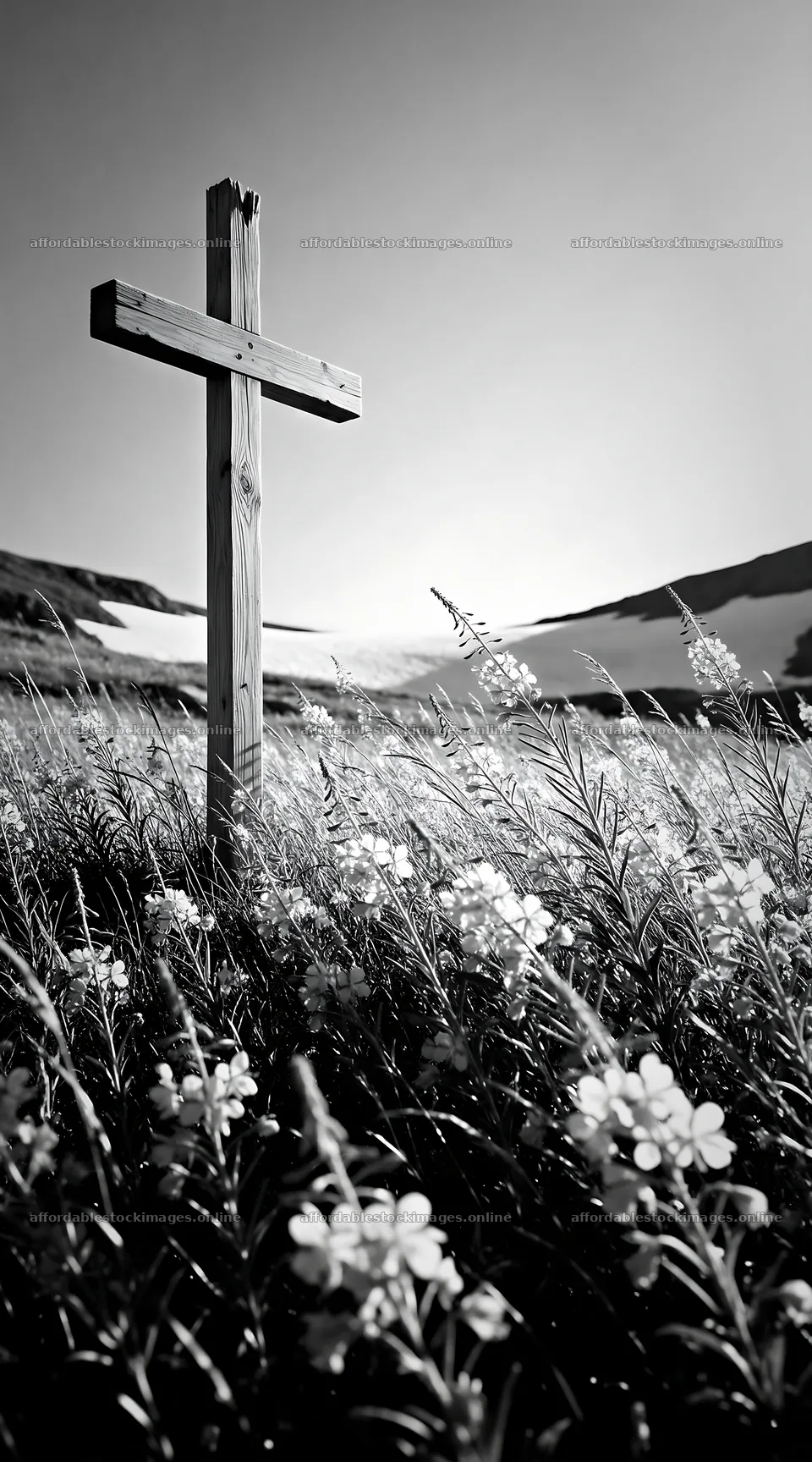 Christian cross in mountain meadow with winter landscape – stock images 5916x10648