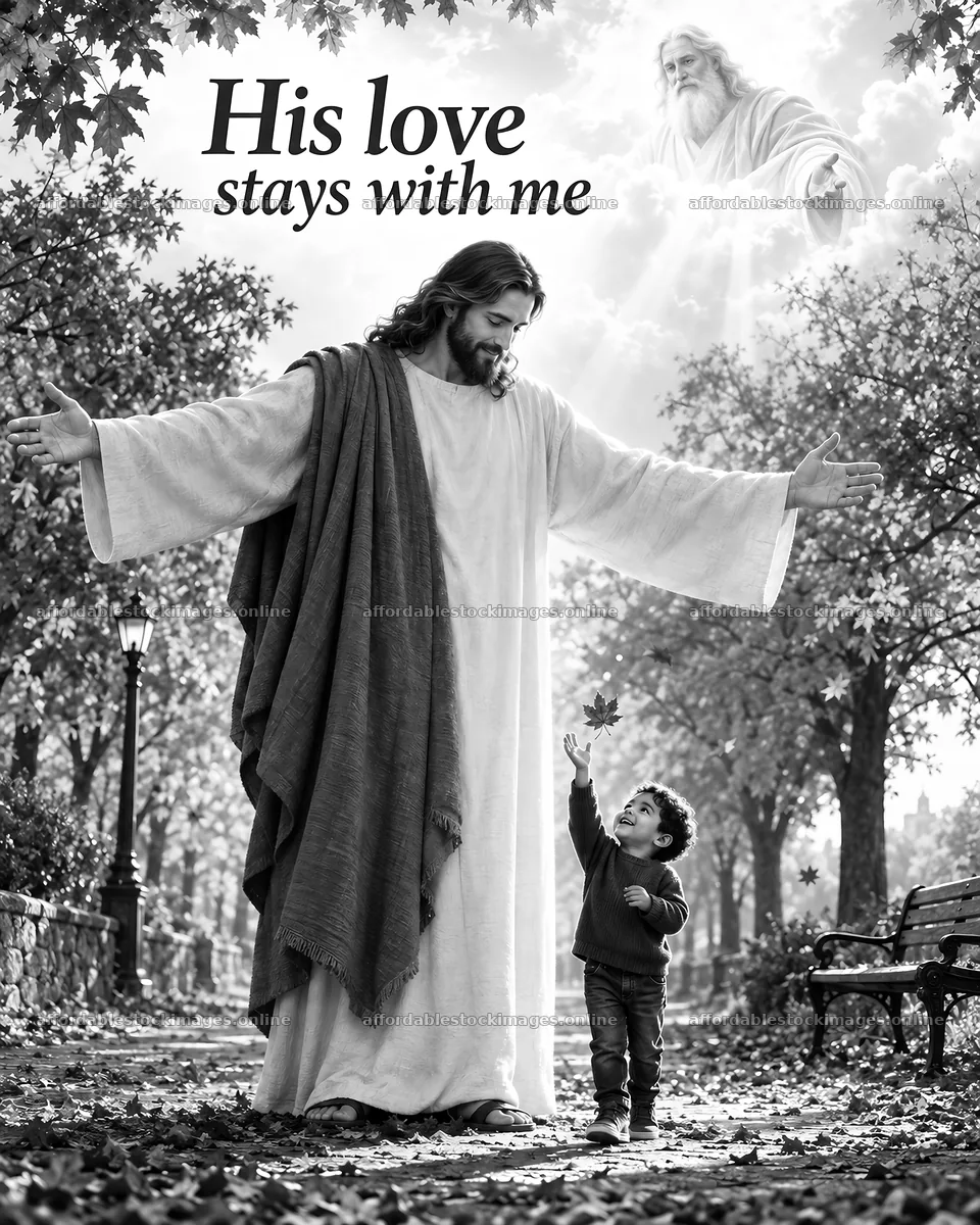 Jesus Christ welcomes a child in a peaceful outdoor setting – stock images 6930x8659