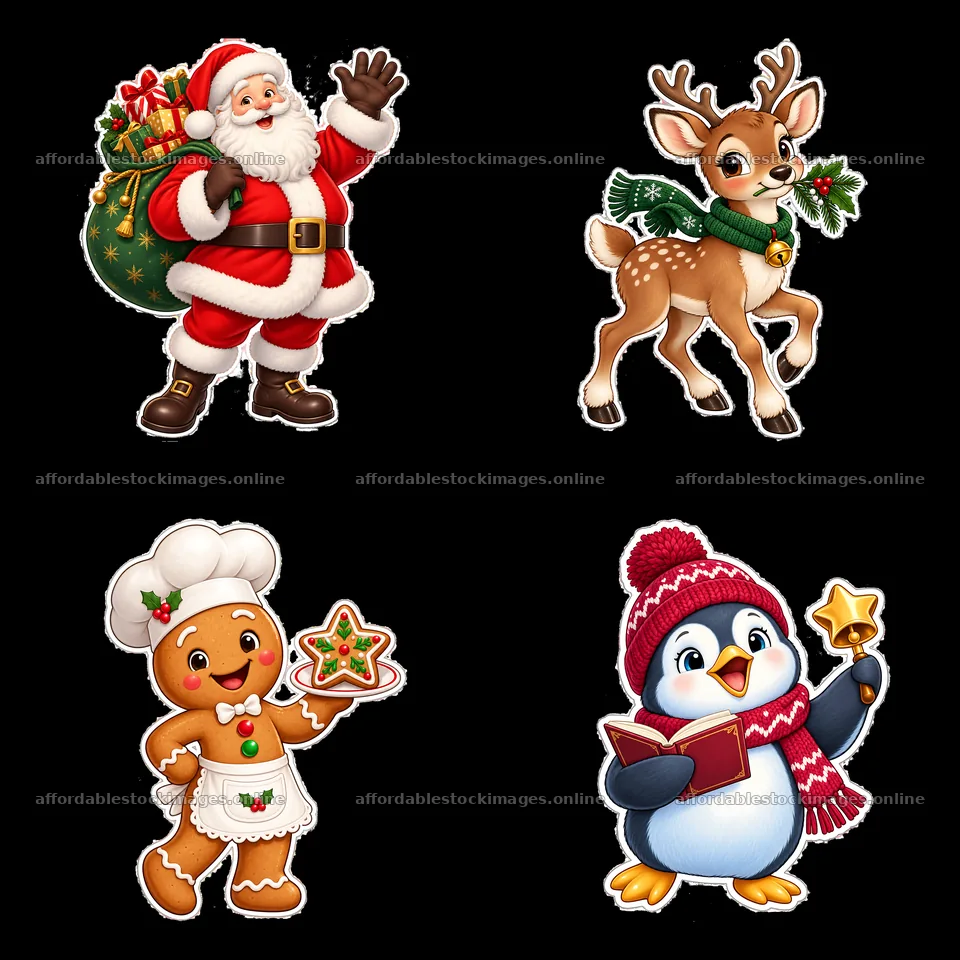 Four cartoon figure stickers in a square arrangement – stock images 7746x7746