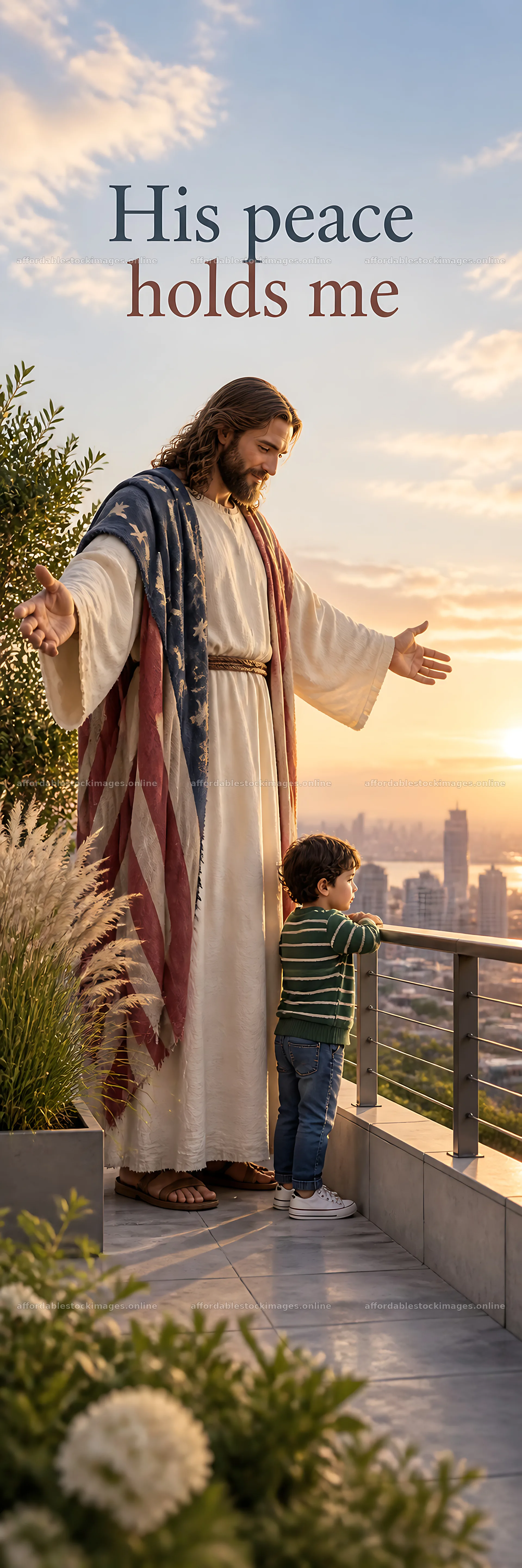 Jesus Christ sharing comfort at sunset with a child – stock images 4472x13417