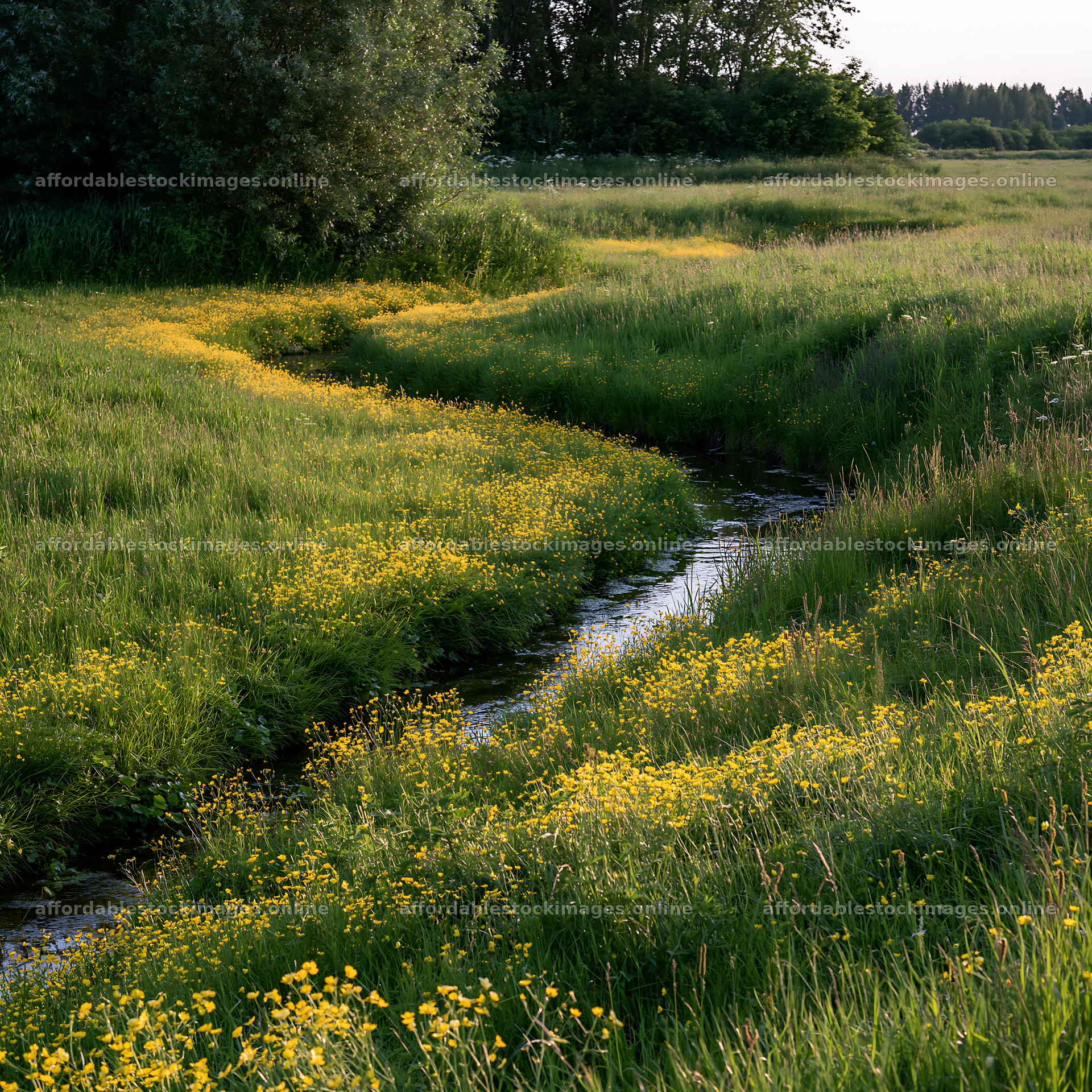 High contrast meadow with watercourse and yellow flowers – stock images 7938x7938