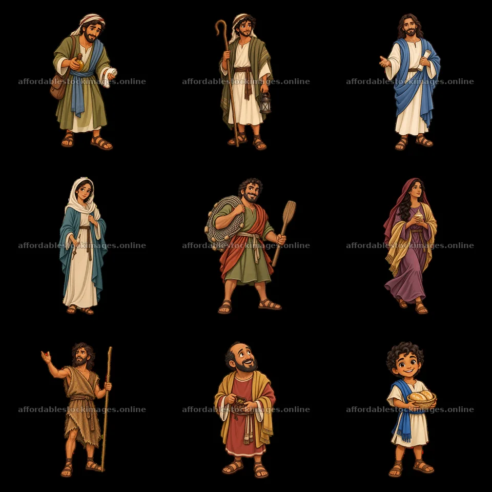 Cartoon figures of biblical characters in a 3x3 layout – stock images 7746x7746