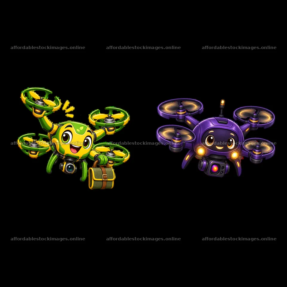 Drone characters with smiling faces and cameras flying together – stock images 7746x7746