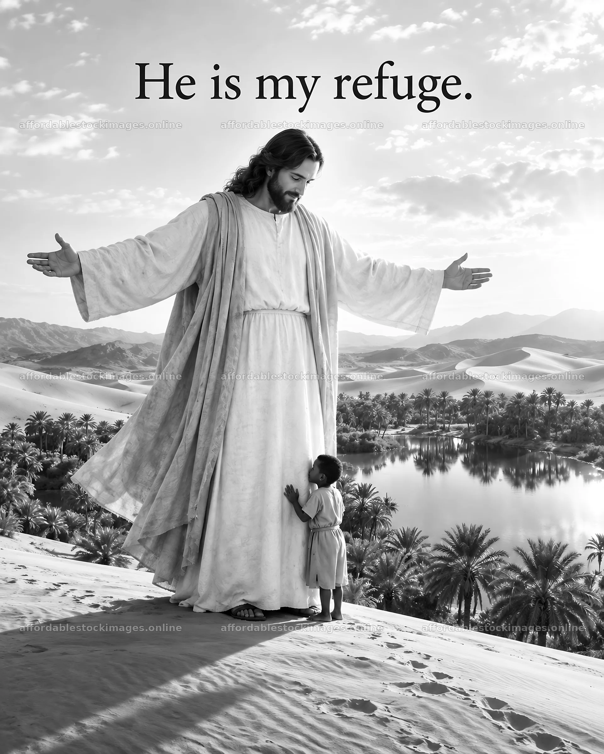 Jesus Christ embracing a child in a desert landscape – stock images 6930x8659