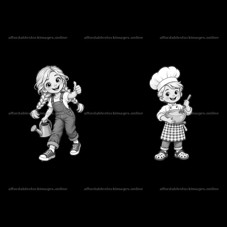 Blond child with watering can and chef child with mixing bowl – stock images 7746x7746