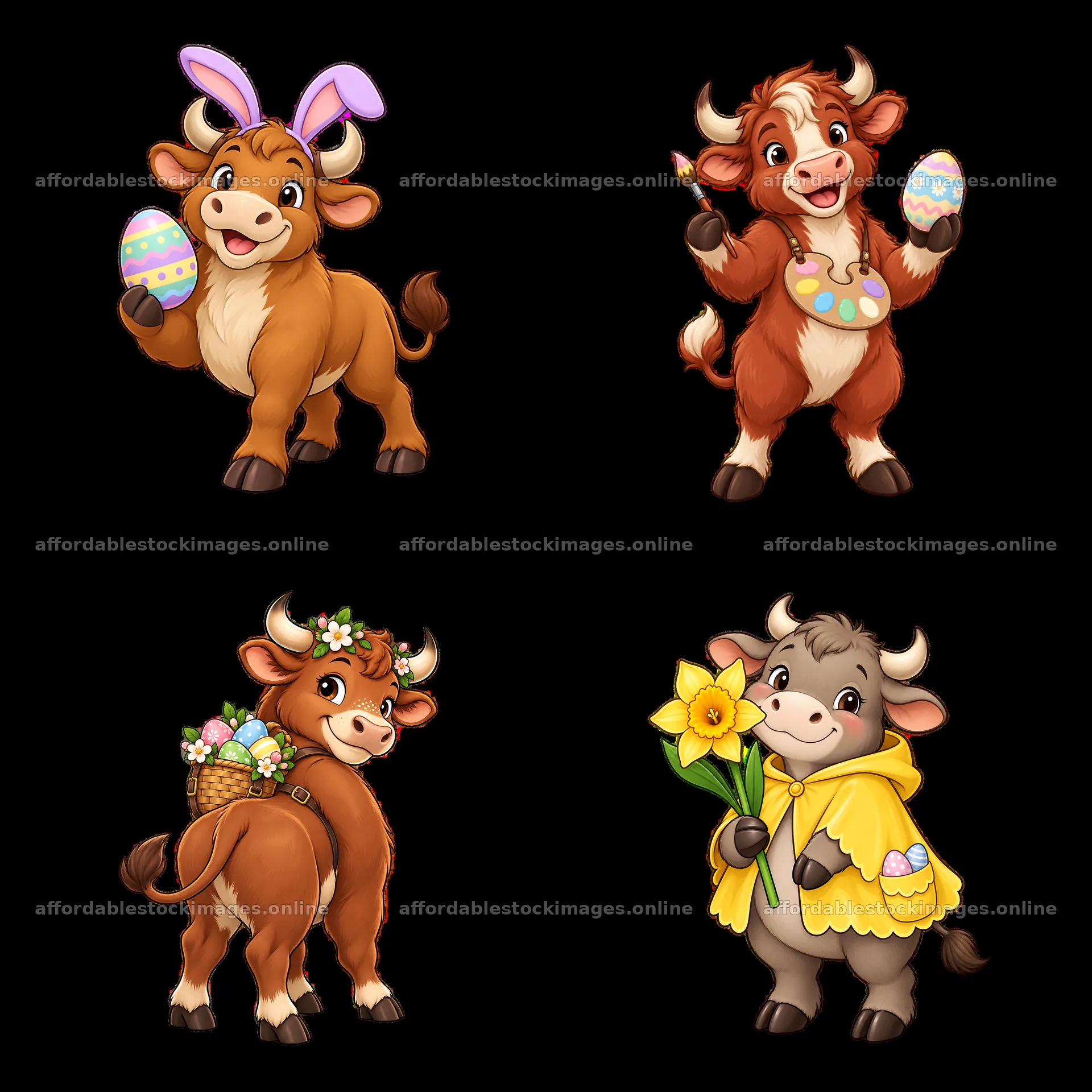 Easter Ox characters with colorful eggs and flowers in a square – stock images 7746x7746