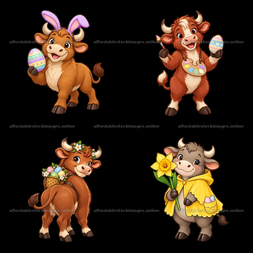 Easter Ox characters with colorful eggs and flowers in a square – stock images 7746x7746