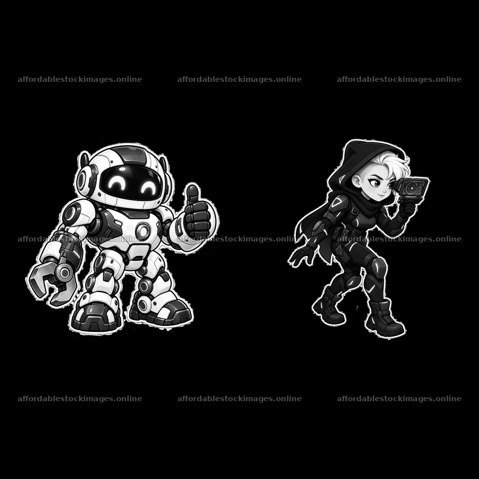 Kawaii futuristic super-soldier duo with robot and human – stock images 7746x7746