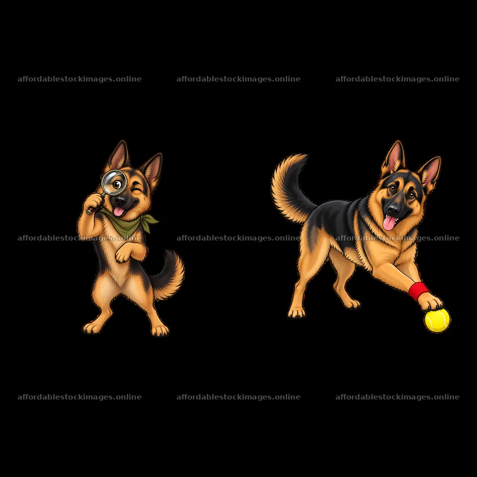 German Shepherds playing with a ball and magnifying glass – stock images 7746x7746