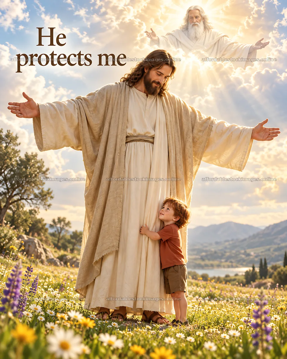 Jesus Christ comforting a child in a sunny field – stock images 6930x8659