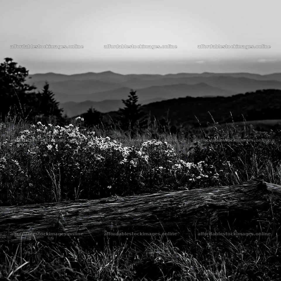 Weathered log meadow at sunset with distant mountains – stock images 7938x7938