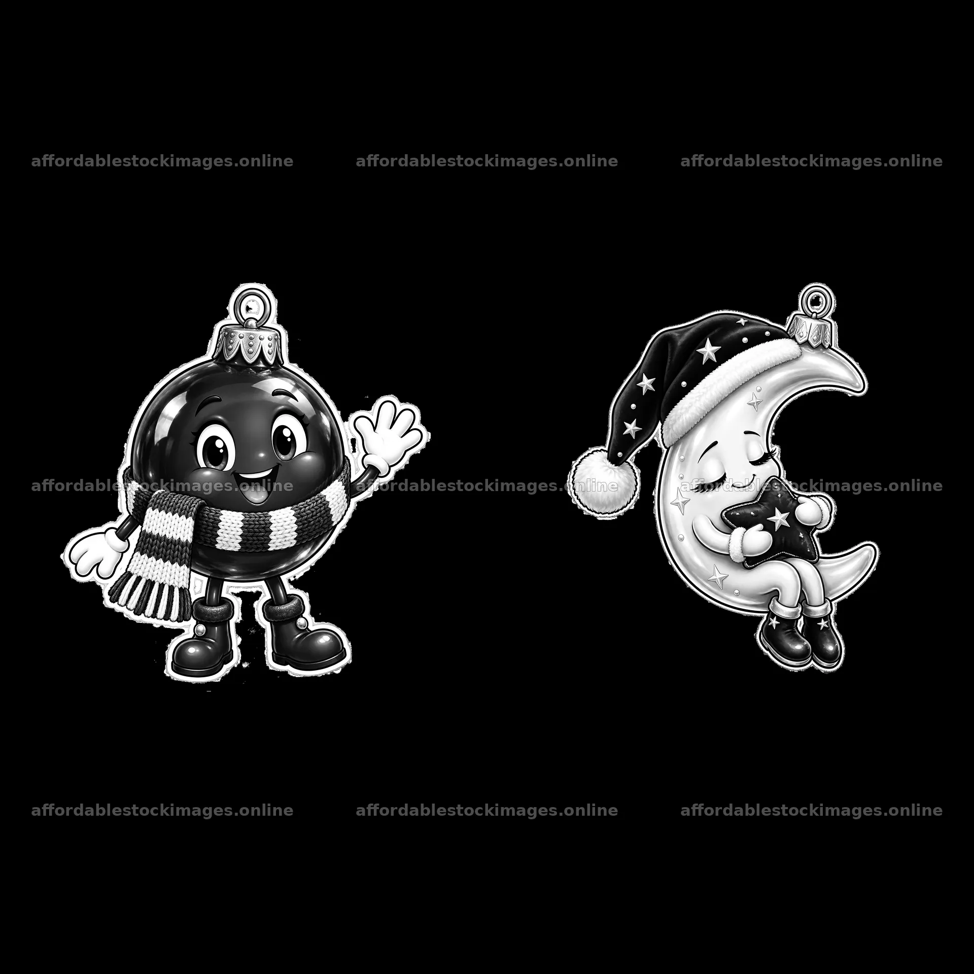 Christmas ornaments featuring a smiling black ball and a moon – stock images 7746x7746