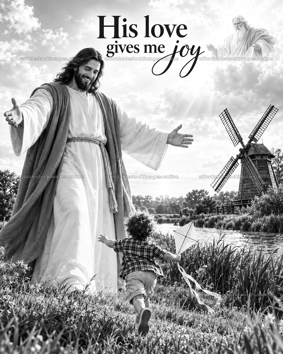 Jesus Christ welcoming a child with joy in a pastoral setting – stock images 6930x8659