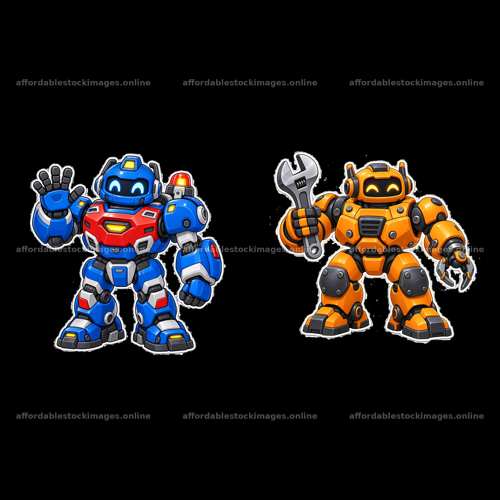 Cartoon mech robot duo with tools and friendly poses – stock images 7746x7746