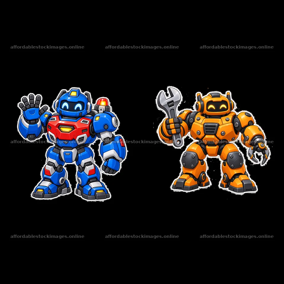 Cartoon mech robot duo with tools and friendly poses – stock images 7746x7746