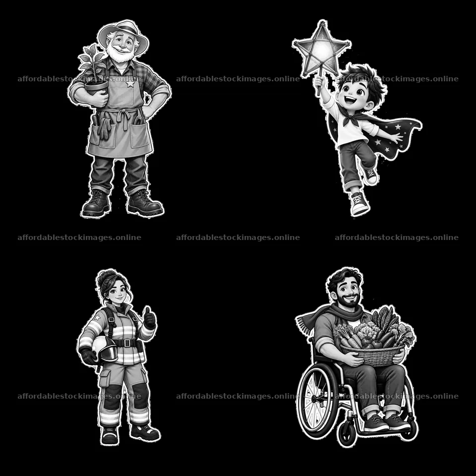 Cartoon characters in four-grid layout with different actions – stock images 7746x7746