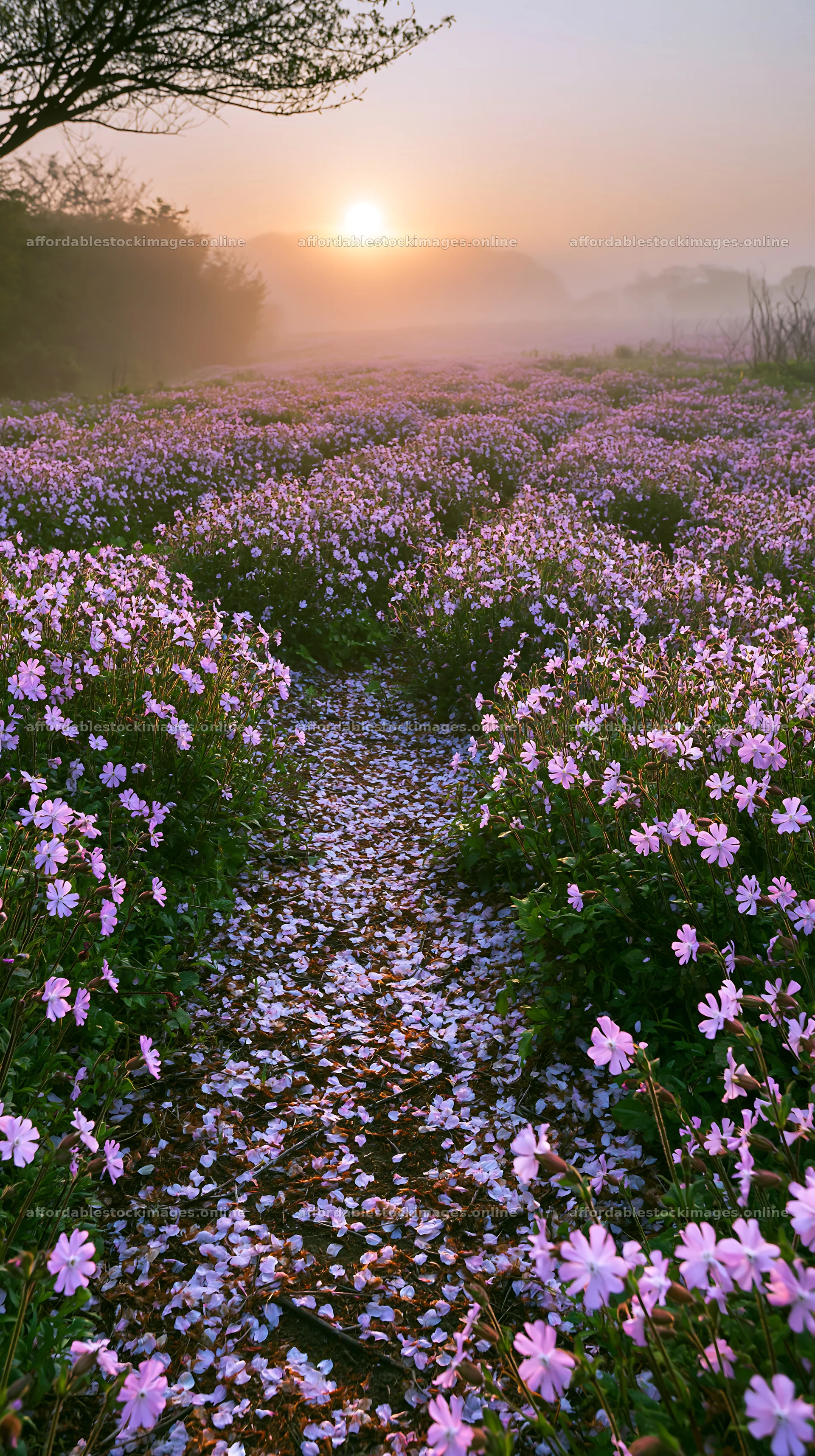 Fukuoka spring meadow fallen blossom foreground at sunrise – stock images 5938x10608