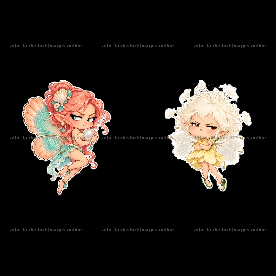 Kawaii grumpy fairies with distinct colors and expressions – stock images 7746x7746