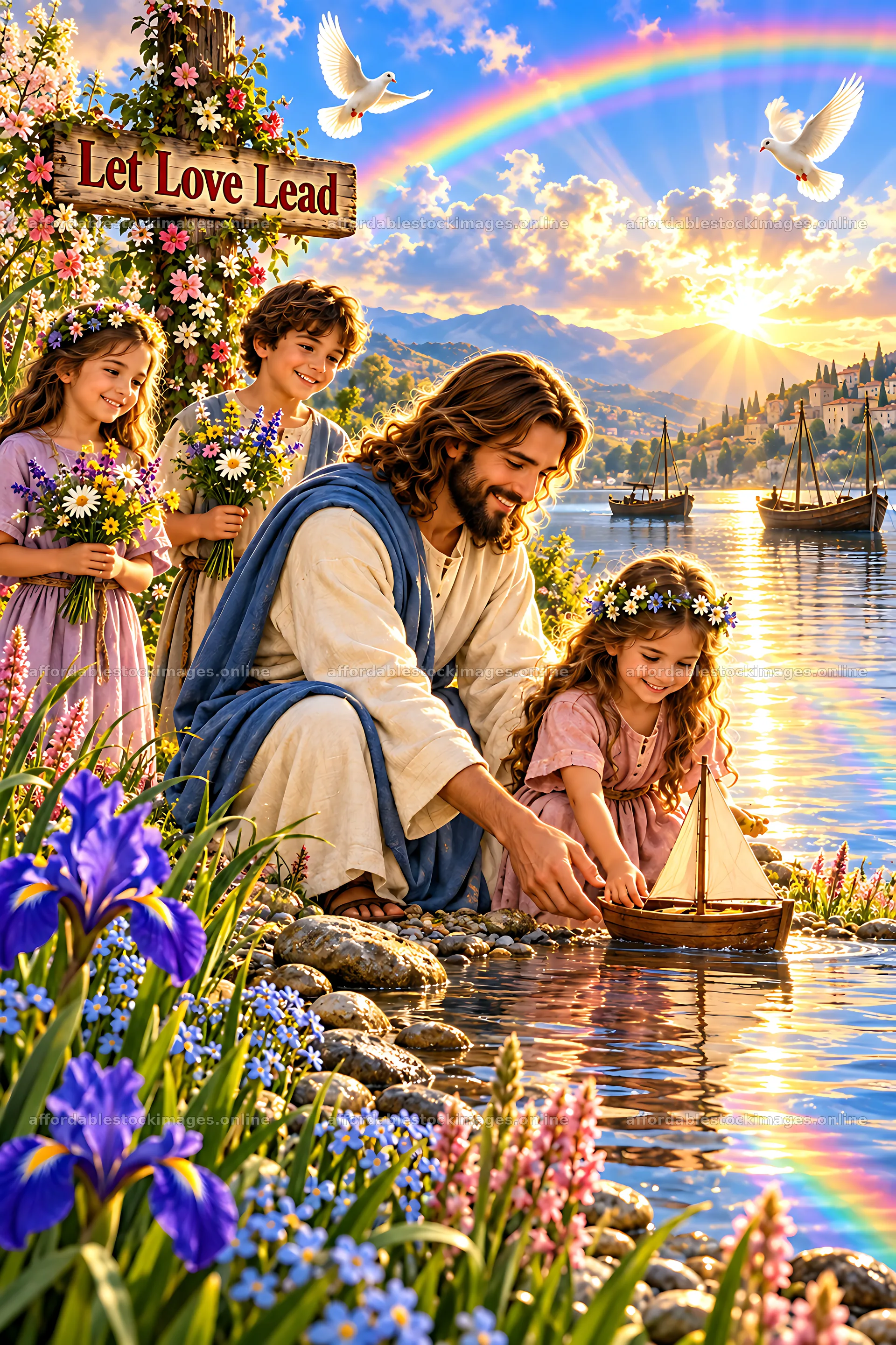 Children playing by the water with a man and a boat – stock images 6480x9722