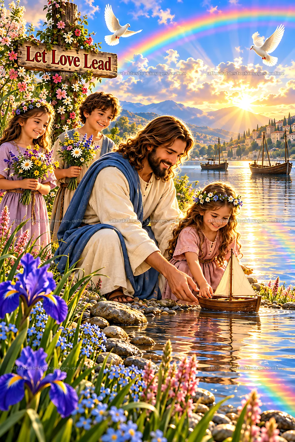 Children playing by the water with a man and a boat – stock images 6480x9722