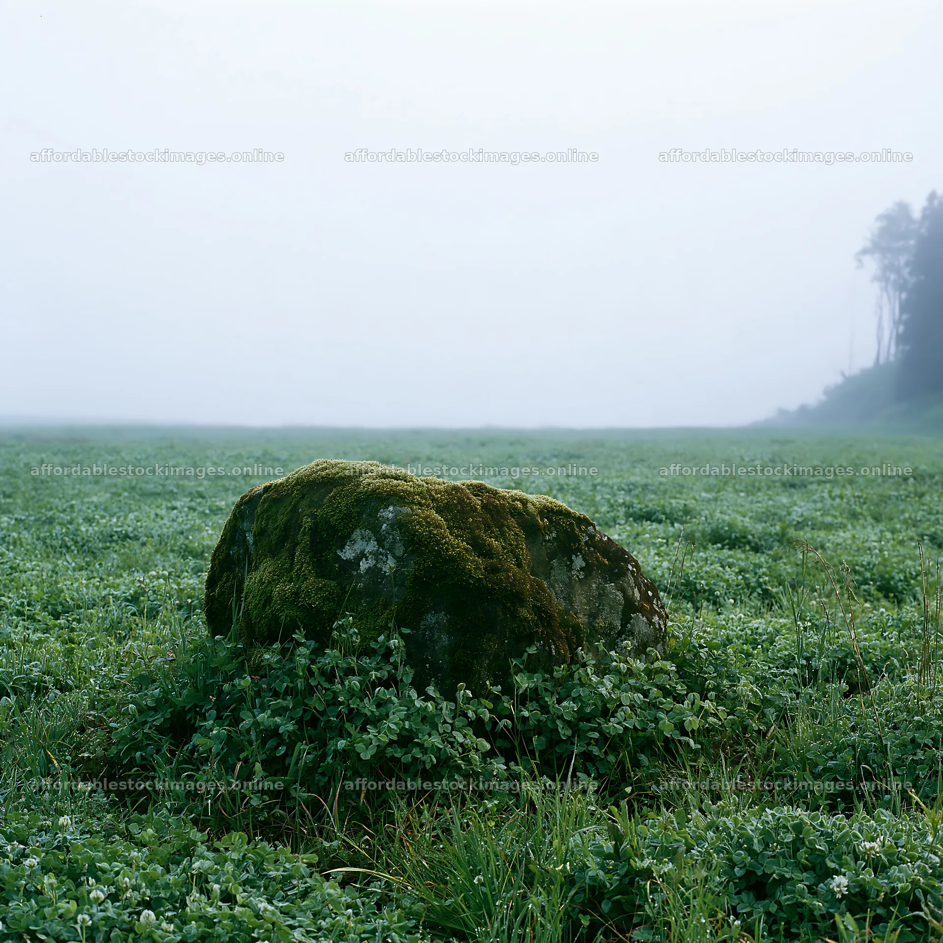 Moss covered stone in a misty meadow – stock images 7938x7938
