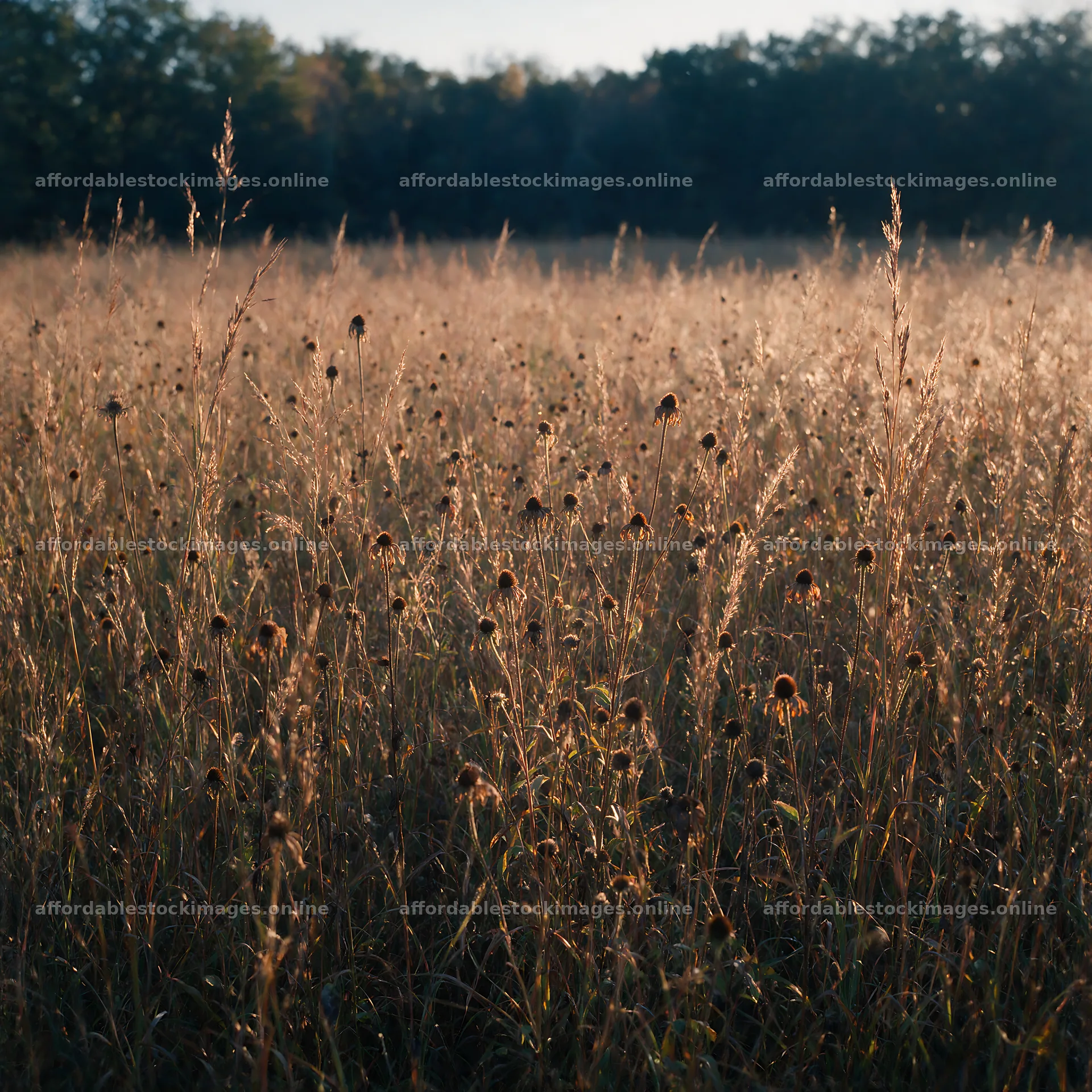 Seedhead meadow at dusk with warm light – stock images 7938x7938