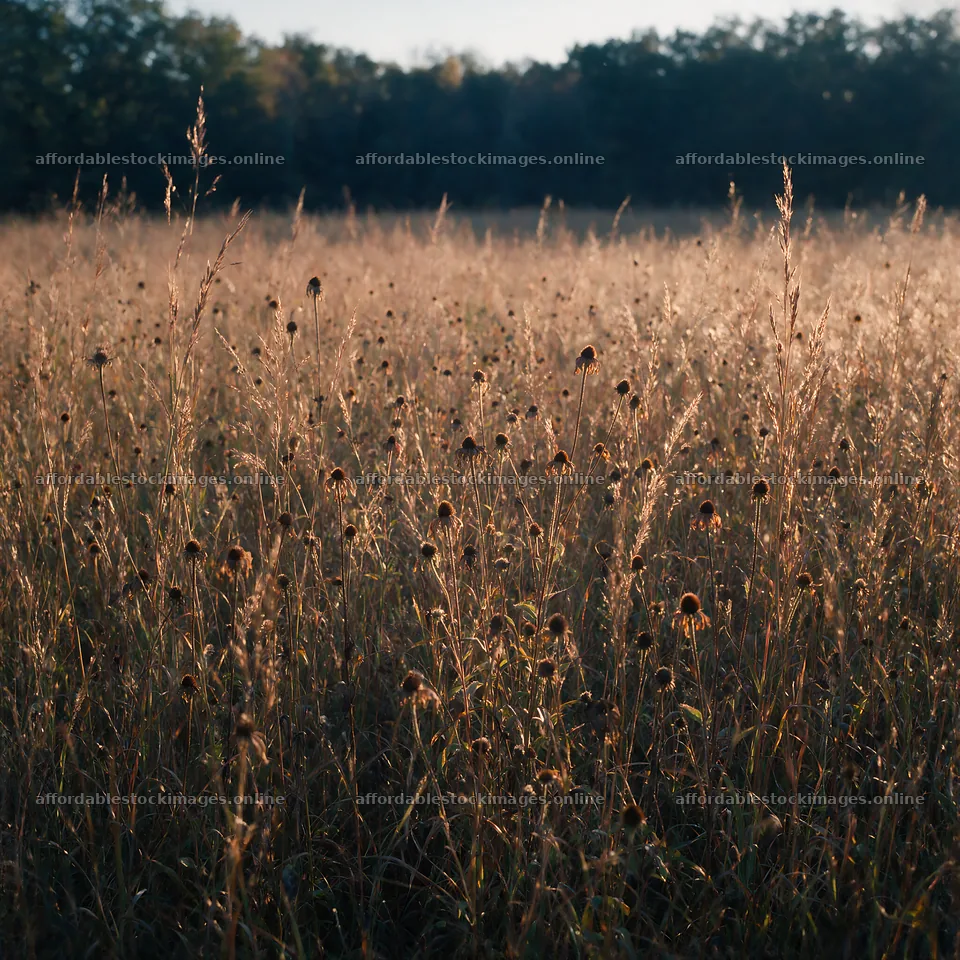 Seedhead meadow at dusk with warm light – stock images 7938x7938