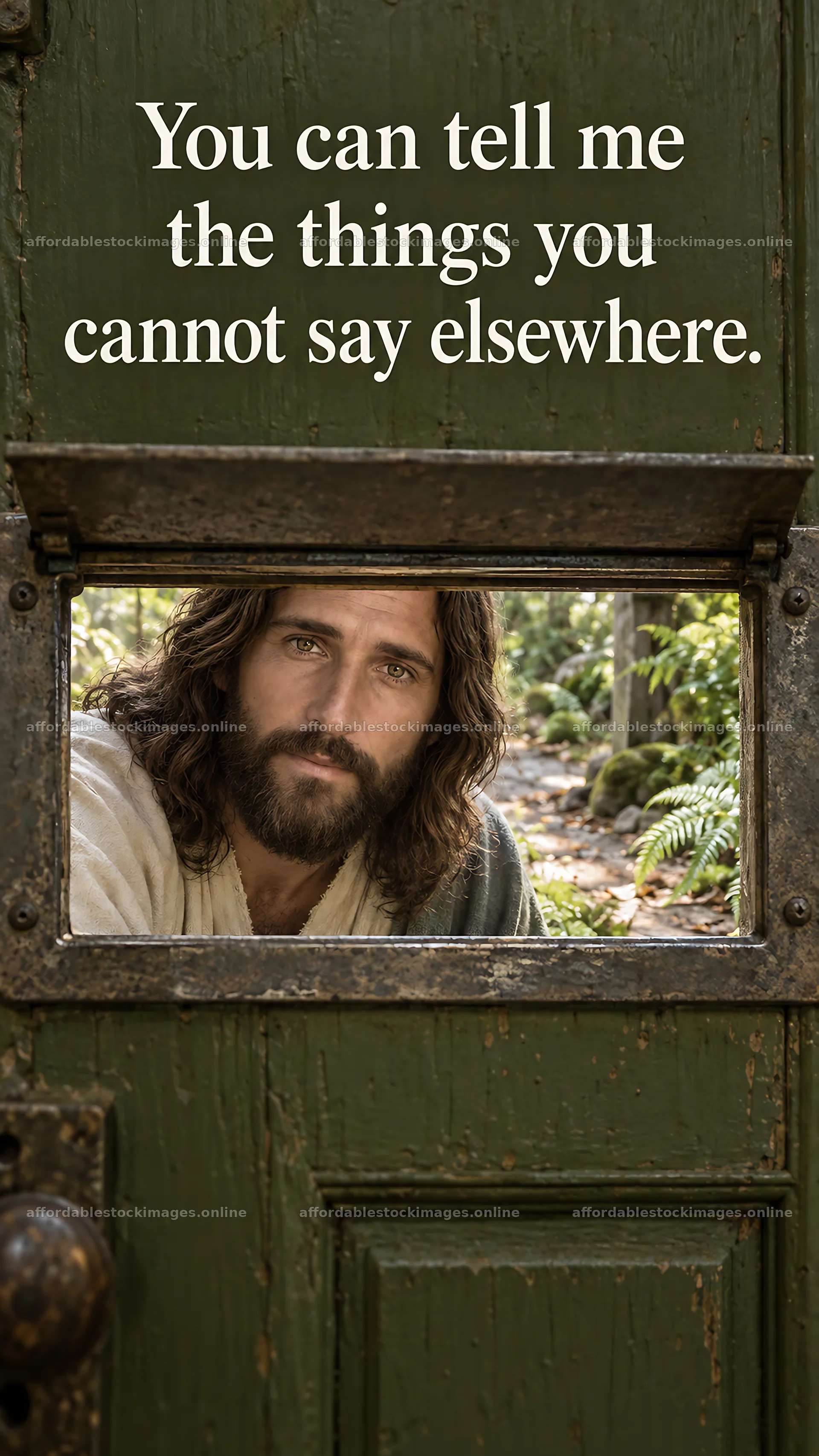 Jesus Christ offers comfort through a door in a serene setting – stock images 5811x10326
