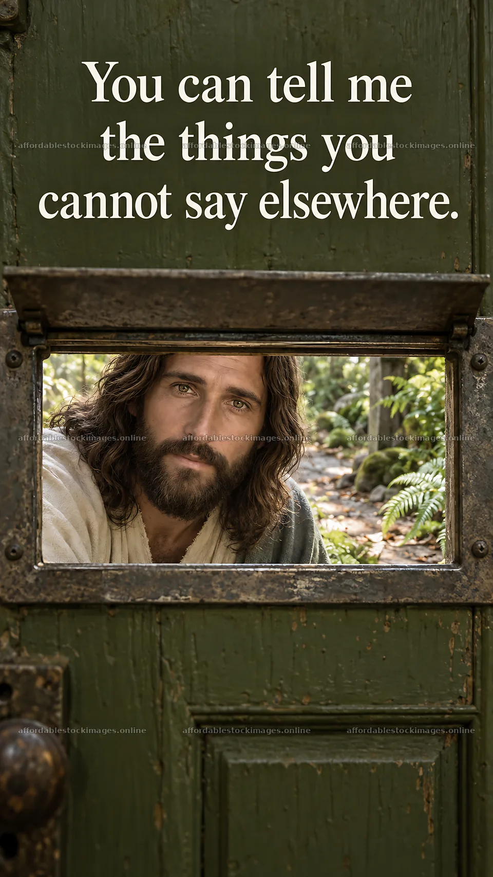 Jesus Christ offers comfort through a door in a serene setting – stock images 5811x10326