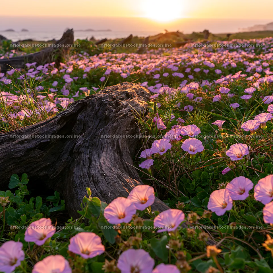 Chiba coastal climate meadow driftwood in foreground at sunset – stock images 7938x7938
