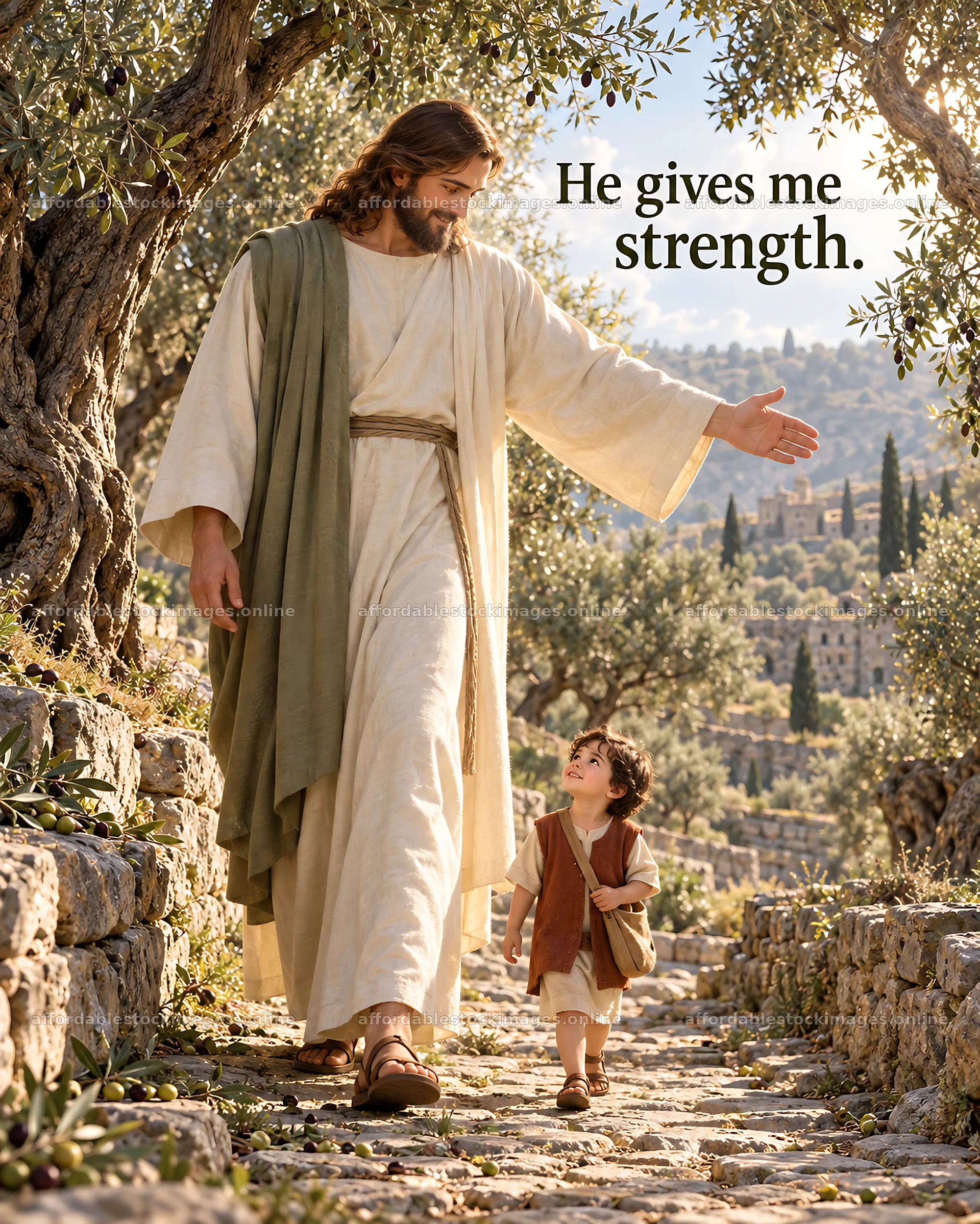 Jesus Christ walking with a child in a garden setting – stock images 6930x8659