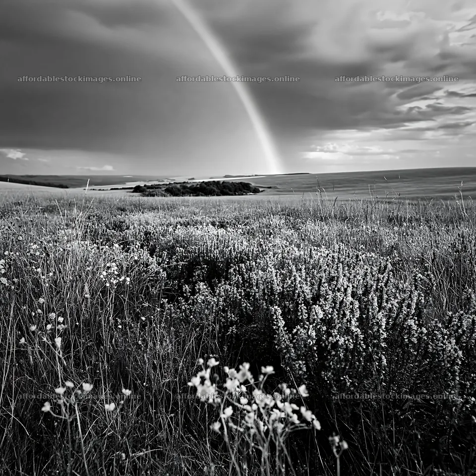 Colorful lavender meadow under a rainbow – stock images 7938x7938