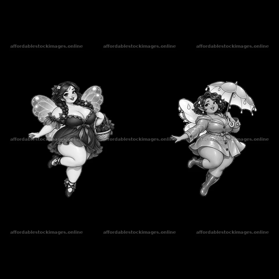 Kawaii ultra-fat fairy characters with accessories and poses – stock images 7746x7746
