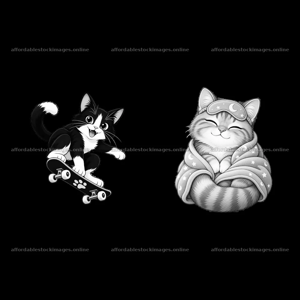 Two cartoon cats engaging in fun activities at home – stock images 7746x7746