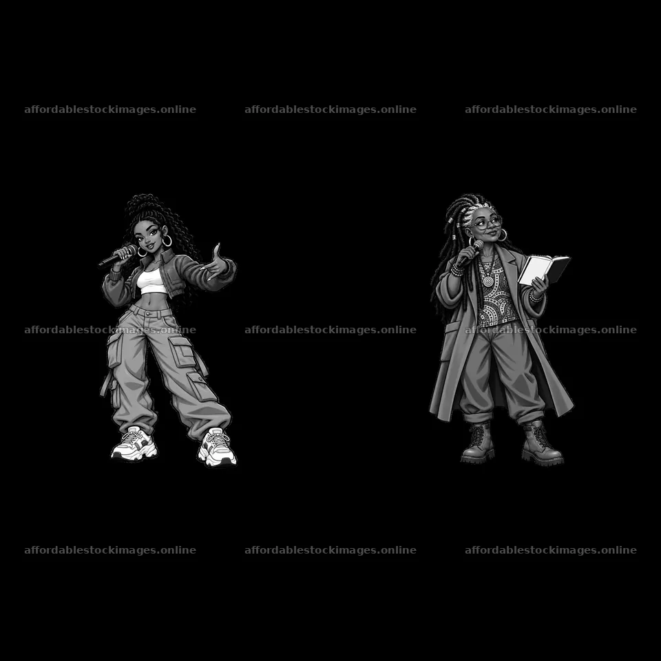 Hip-hop artists performing with a microphone and holding a book – stock images 7746x7746