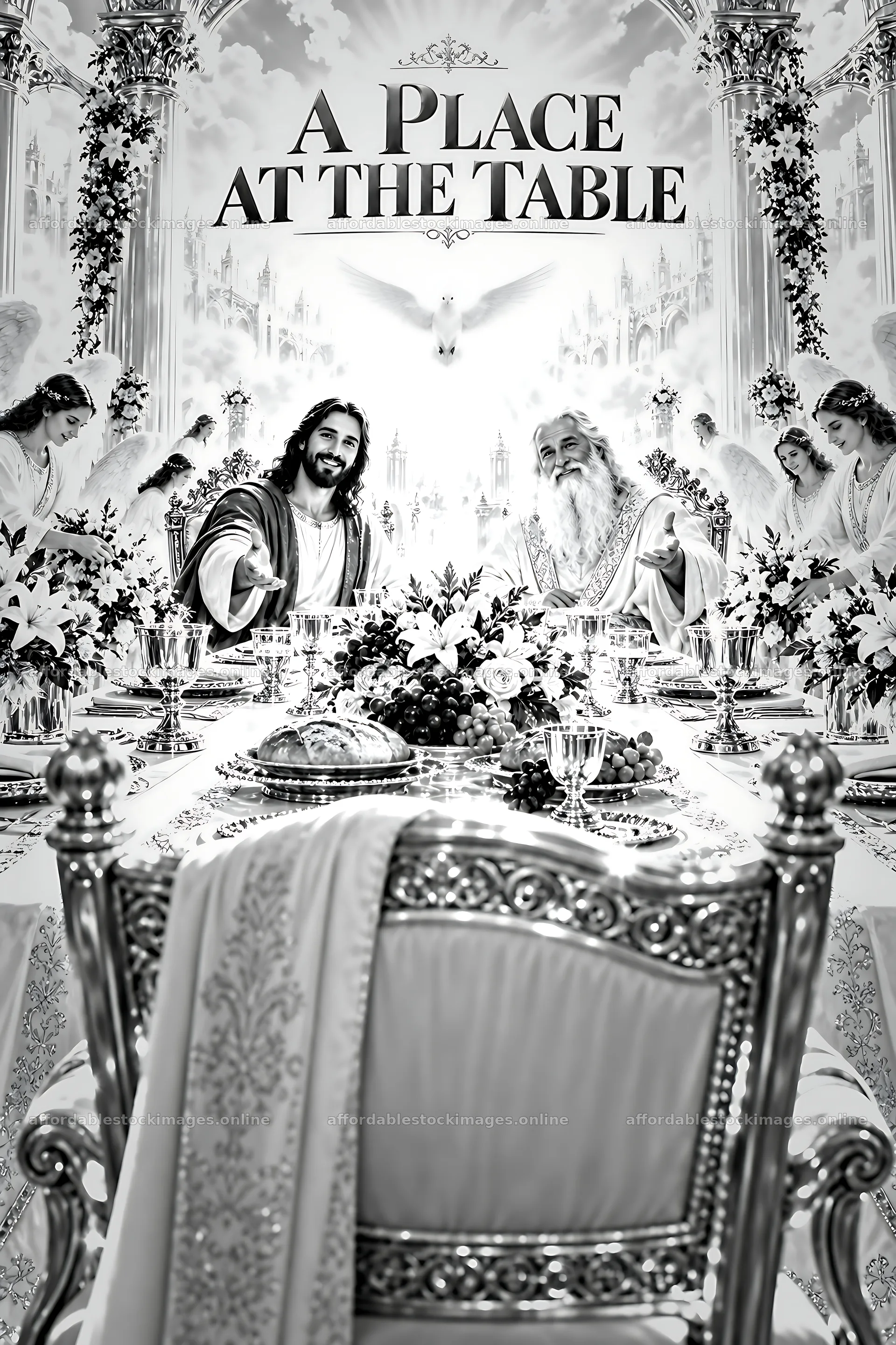 Dinner setting with figures in a heavenly scene – stock images 6480x9722