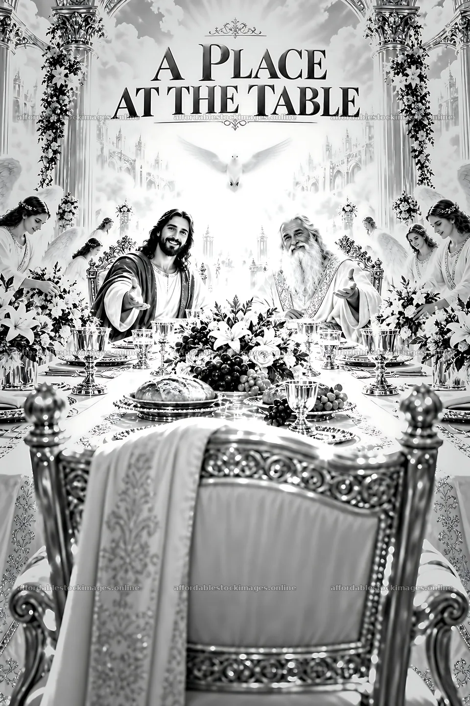 Dinner setting with figures in a heavenly scene – stock images 6480x9722