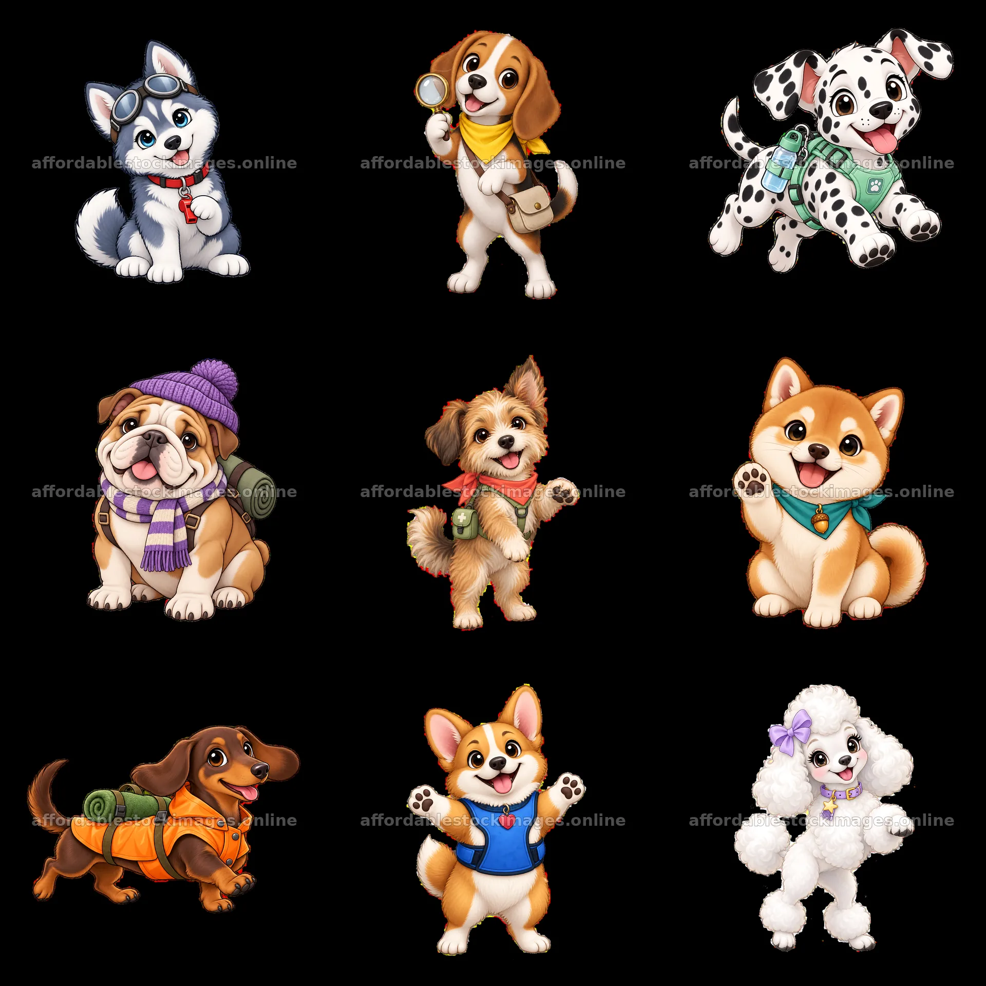Cute K-9 dogs in a playful 3x3 sticker arrangement – stock images 7746x7746