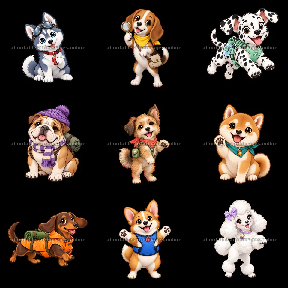 Cute K-9 dogs in a playful 3x3 sticker arrangement – stock images 7746x7746