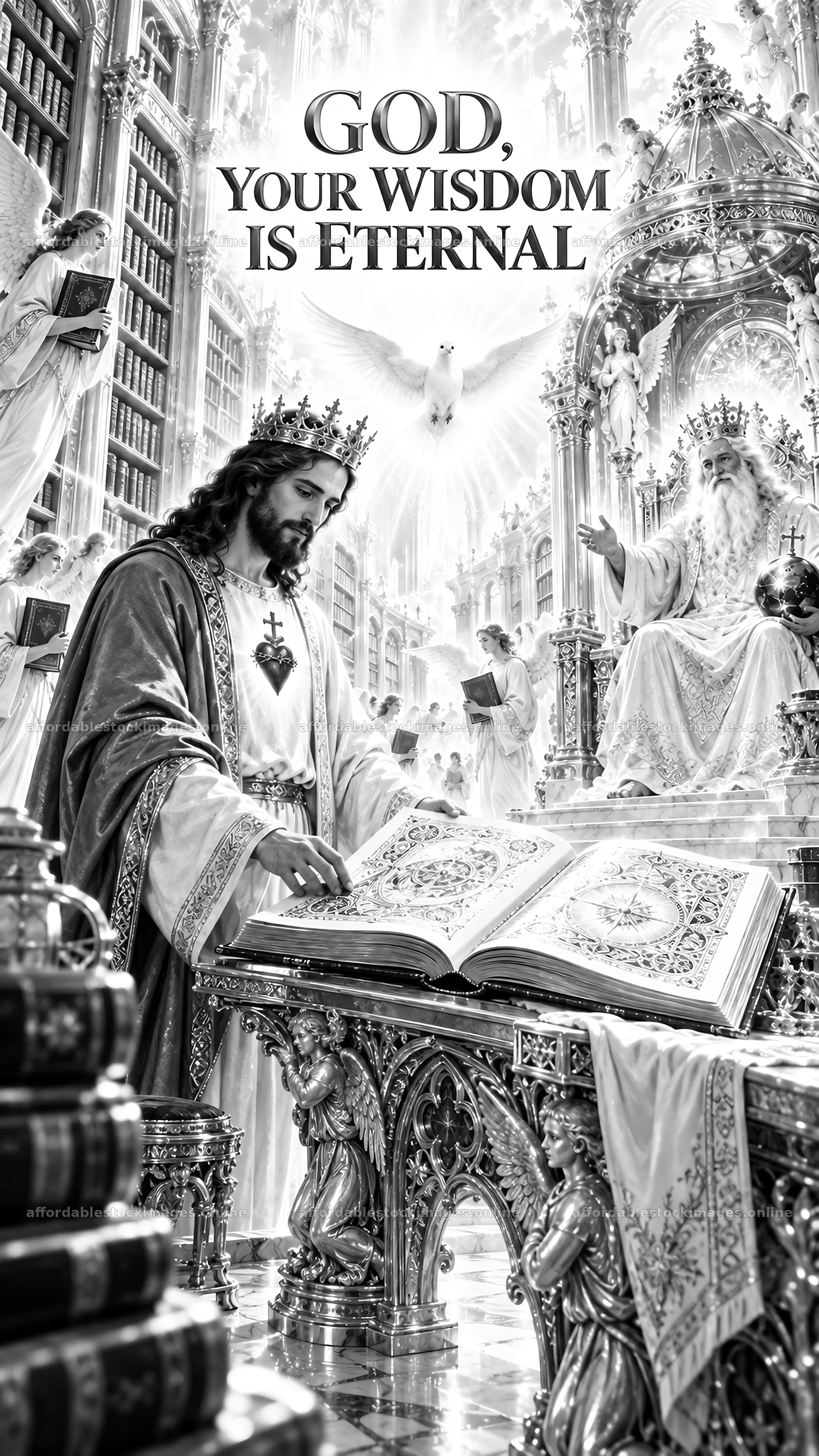 Jesus Christ studying scripture in a heavenly setting – stock images 5811x10326