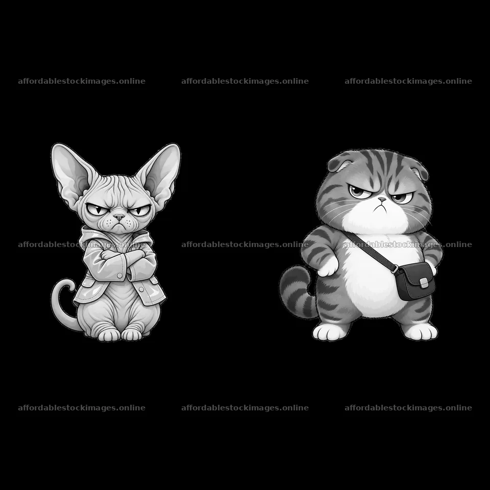 Kawaii grumpy cat duo with accessories in black and white – stock images 7746x7746
