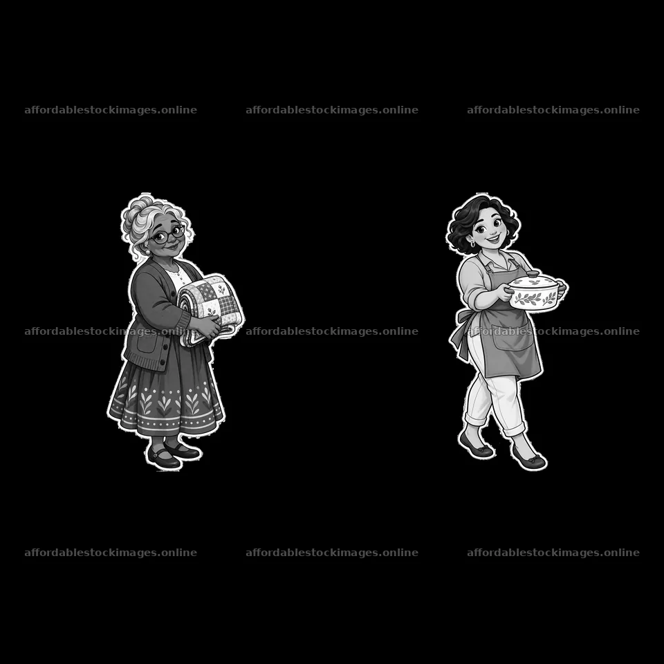 Two women carrying traditional food items for a family gathering – stock images 7746x7746