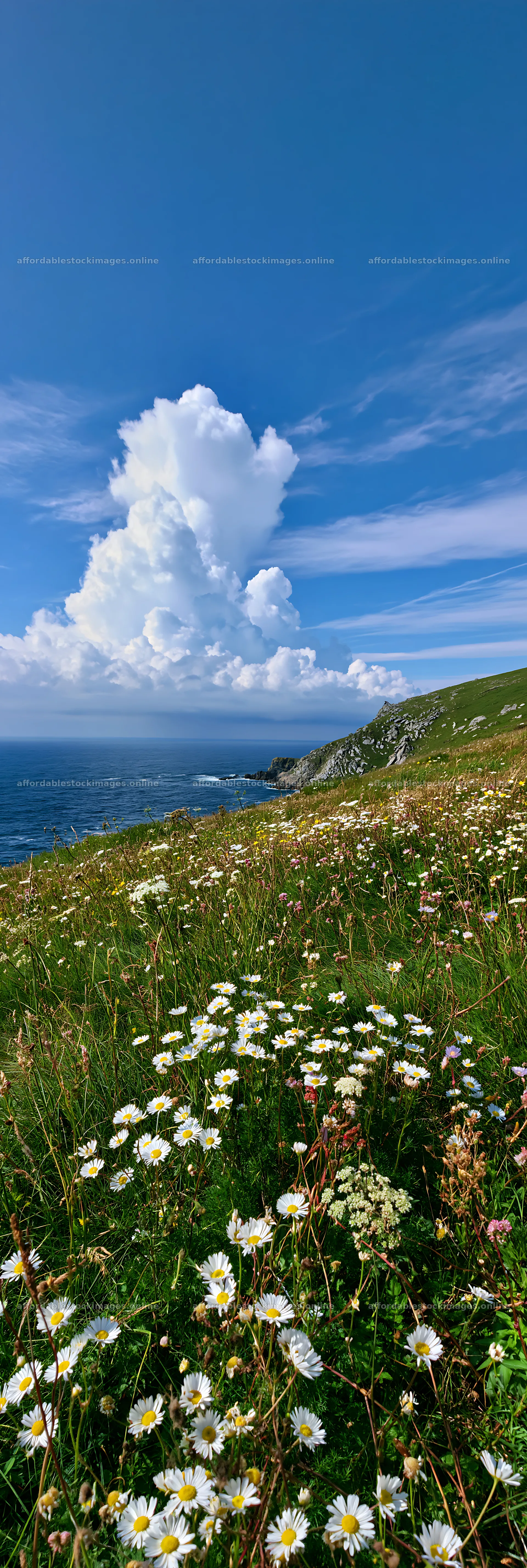 Clifftop meadow with wildflowers and ocean view – stock images 4602x13690