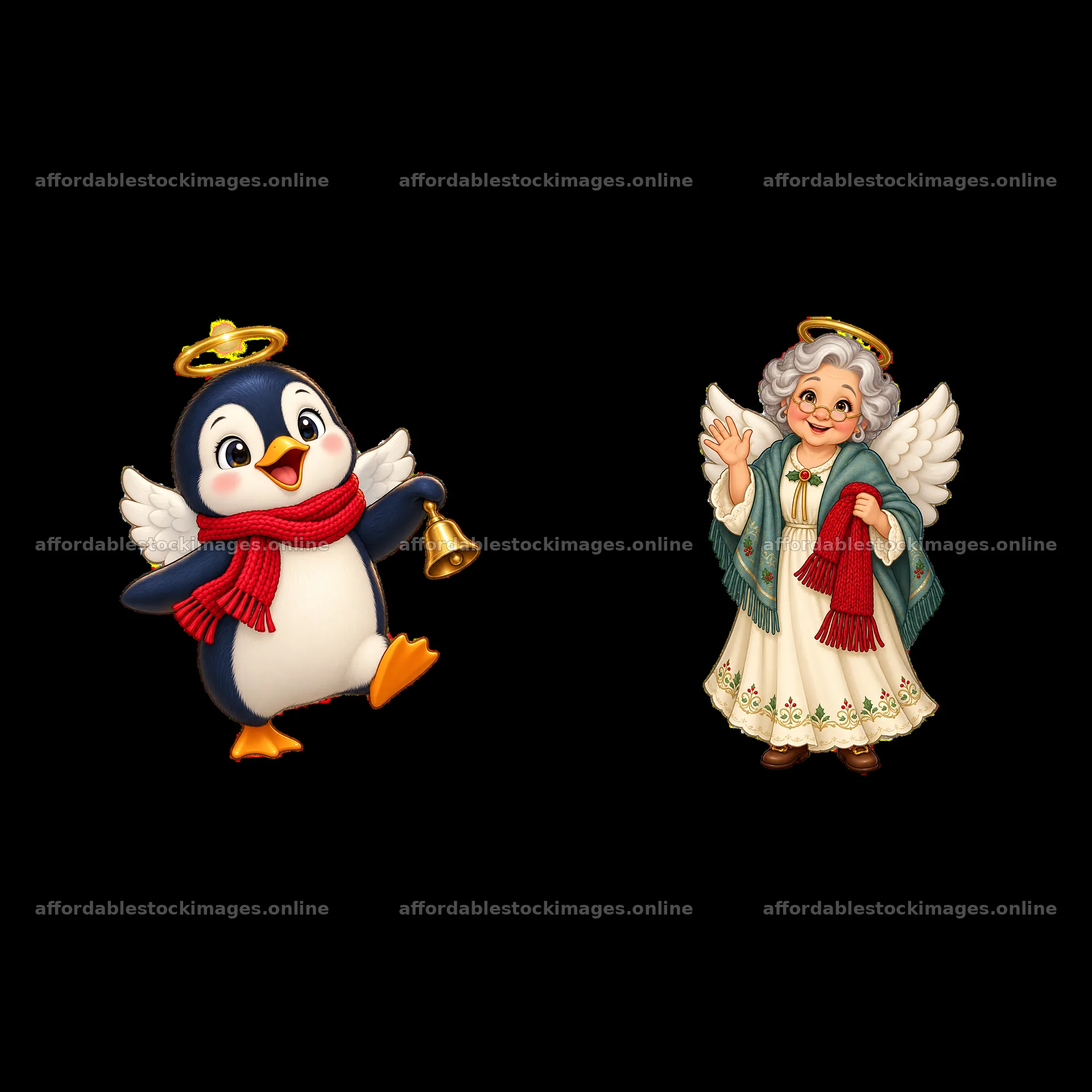 Christmas angel and penguin with bell stickers – stock images 7746x7746